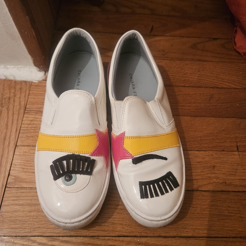Chiara Ferragni White Slip-On Sneakers with Yellow Strap & Pink Star